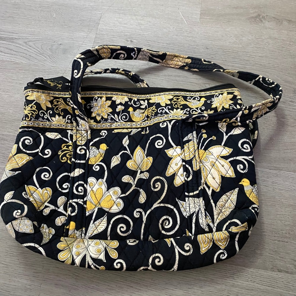 Vera Bradley Glenna Satchel Bag Women Medium Black Yellow Quilted Floral Bird
